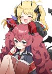  2girls :d alternate_hairstyle armband black_horns black_jacket black_ribbon black_tail black_wings blonde_hair blue_archive blush book closed_eyes demon_tail demon_wings grey_eyes grey_jacket hair_ribbon halo hand_up highres horns ibuki_(blue_archive) iroha_(blue_archive) jacket light_smile multiple_girls necktie open_mouth pointy_ears red_hair red_necktie ribbon ro/ku safety_pin simple_background sleeves_past_fingers sleeves_past_wrists small_horns smile tail twintails wavy_hair white_background wings 
