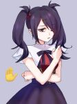  1girl ame-chan_(needy_girl_overdose) black_hair black_ribbon black_skirt collared_shirt commentary_request cowboy_shot emoji grey_background hair_ornament hair_over_one_eye hand_up highres long_hair looking_at_viewer neck_ribbon needy_girl_overdose parted_lips purple_eyes red_shirt ribbon shirt simple_background skirt solo suspender_skirt suspenders tonabe twintails x_hair_ornament 