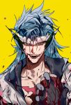  1boy :d absurdres arrancar bleach blood blood_on_face blood_on_hands blood_splatter blue_eyes blue_hair collarbone collared_jacket crown evil_grin evil_smile facial_mark fangs grimmjow_jaegerjaquez grin guro hair_between_eyes heart heart_(organ) highres holding holding_heart jacket lonely_(3296659205) long_hair looking_at_viewer male_focus open_mouth pointy_ears resurreccion scar scar_on_chest smile solo upper_body white_jacket yellow_background 