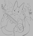 ambiguous_gender anthro biped english_text fur generation_4_pokemon grey_background hi_res holding_object lucario nintendo pokemon pokemon_(species) simple_background simple_eyes sincastermon sketch smile solo text