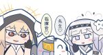  1boy 2girls artist_request azur_lane black_gloves blonde_hair blue_archive blush brown_eyes check_translation chibi commander_(azur_lane) commentary_request doodle_sensei_(blue_archive) gloves grey_hair himari_(blue_archive) implacable_(azur_lane) multiple_girls purple_eyes sensei_(blue_archive) speech_bubble translation_request upper_body voice_actor_connection yukana 