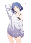  :/ bare_legs black_bra blue_hair blush bob_cut bocchi_the_rock! bottomless bra collarbone eitopondo half-closed_eyes hand_on_own_head highres mole mole_under_eye off_shoulder oversized_clothes single_bare_shoulder sleep_bubble sleepy sweater thigh_gap thighs underwear white_background white_sweater yamada_ryo yellow_eyes 