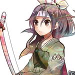  bow_(weapon) brown_eyes brown_hair camouflage flat_chest hachimaki hair_ribbon headband high_ponytail itomugi-kun japanese_clothes kantai_collection light_brown_hair long_hair long_sleeves muneate ponytail quiver ribbon solo weapon zuihou_(kantai_collection) 