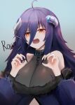  1girl absurdres ahoge blue_horns breasts broken_horn claw_pose cleavage clothing_cutout fur_trim gao grey_horns highres horns large_breasts long_hair multicolored_horns open_mouth orange_eyes oumiya_emma prism_project purple_hair see-through see-through_cleavage shoulder_cutout slit_pupils solo teeth twitter_username two-tone_horns upper_body upper_teeth_only virtual_youtuber wawamachi_(wawamachis) 