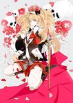  blonde_hair blue_eyes crown danganronpa danganronpa_1 enoshima_junko flower kyer long_hair looking_at_viewer monokuma rose school_uniform sitting skull smile spoilers twintails wand 