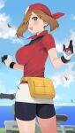  1girl bandana bike_shorts black_gloves black_shorts blue_eyes blue_sky blush breasts brown_hair cloud cloudy_sky commentary_request gloves highres holding holding_poke_ball large_breasts looking_at_viewer looking_back may_(pokemon) miniskirt multicolored_clothes multicolored_gloves nekoshoko open_mouth outdoors parted_bangs poke_ball pokemon pokemon_rse red_bandana red_shirt shirt shorts sidelocks skirt sky smile solo two-tone_gloves white_skirt yellow_bag 