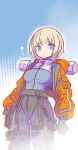  1girl ? absurdres adapted_costume animification apex_legends black_gloves black_pants blonde_hair blue_background blue_eyes blue_shirt breasts gloves hair_behind_ear highres hood hooded_jacket jacket looking_at_viewer medium_breasts pants shirt shirt_tucked_in short_hair shrug_(clothing) thigh_pouch ueda_(ueda8039) wattson_(apex_legends) 