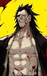  1boy abs absurdres black_eyes bleach blood blood_on_clothes blood_on_face collarbone eyepatch hair_pulled_back highres japanese_clothes lonely_(3296659205) long_hair male_focus open_clothes open_shirt pectorals scar scar_across_eye shihakusho shinigami smile solo spiked_hair upper_body yellow_background zaraki_kenpachi 