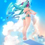  1girl aqua_eyes aqua_hair barefoot bikini blue_sky cloud commentary diving_board el_quijote from_below hatsune_miku headphones headset long_hair open_hands outstretched_arms side-tie_bikini_bottom sky solo striped_bikini striped_clothes swimsuit twintails vocaloid 