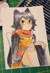  1girl :&lt; ange_(angeban93) animal_ears arm_guards armor art_tools_in_frame bare_shoulders black_fur black_hair body_fur brown_skirt cat_ears cat_girl cat_tail dungeon_meshi feet_out_of_frame hands_on_own_knees hashtag_only_commentary highres izutsumi knees_up leather_armor multicolored_tail pencil photo_(medium) red_scarf scarf short_hair simple_background sitting skirt sleeveless solo tail tail_raised 
