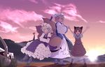  animal_ears arm_ribbon arms_up blonde_hair bow brown_hair cat_ears chen chin_rest cloud dress fox_tail frilled_dress frills gap hat hat_ribbon hayate-s highres jewelry long_hair long_sleeves looking_at_viewer looking_to_the_side mountain multiple_girls multiple_tails one_eye_closed orange_eyes pillow_hat purple_eyes purple_sky ribbon see-through_silhouette shoes short_hair short_sleeves single_earring sitting standing sunset tabard tail touhou wide_sleeves yakumo_ran yakumo_yukari yellow_eyes 