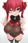  1girl ascot bare_shoulders black_thighhighs blush breasts covered_nipples hair_ribbon heterochromia highres hololive houshou_marine houshou_marine_(1st_costume) large_breasts leotard long_hair looking_at_viewer open_mouth oritonagi red_ascot red_eyes red_hair ribbon see-through see-through_leotard smile solo thighhighs thighs twintails virtual_youtuber yellow_eyes 