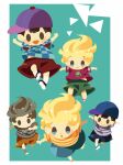  5boys alternate_color blonde_hair border checkered_clothes checkered_shirt clone closed_mouth green_shorts grey_hair hitofutarai lucas_(mother_3) male_focus masked_man_(mother_3) midriff_peek mother_(game) mother_2 mother_3 multiple_boys ness_(mother_2) player_2 purple_headwear red_shorts running shirt shorts sideways_hat smile solid_oval_eyes striped_clothes striped_shirt super_smash_bros. white_border 