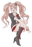  1girl :d bear_hair_ornament black_choker black_footwear black_shirt blonde_hair boots bow breasts choker cleavage danganronpa:_trigger_happy_havoc danganronpa_(series) enoshima_junko fangs hair_ornament high_heel_boots high_heels highres knee_boots knees_up large_breasts long_hair miniskirt nail_polish necktie plaid plaid_skirt pleated_skirt red_bow red_nails red_skirt shirt simple_background skirt smile solo teeth tongue twintails white_background yochilyee 