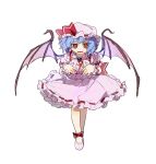  1girl bat_wings blue_hair bow chinese_commentary collared_shirt commentary_request fang frilled_shirt frilled_shirt_collar frilled_skirt frilled_sleeves frills full_body hat hat_ribbon highres mob_cap open_mouth phagic pink_footwear pink_headwear pink_shirt pink_skirt puffy_short_sleeves puffy_sleeves red_bow red_eyes red_ribbon remilia_scarlet ribbon ribbon-trimmed_skirt ribbon_trim shirt short_hair short_sleeves simple_background skirt smile solo touhou white_background wings 