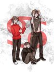  adjusting_clothes black_hair cancer cape clenched_teeth closed_eyes covering_ears curled_up dual_persona fangs grey_skin highres homestuck hood horns kankri_vantas karkat_vantas male_focus multiple_boys navel open_mouth red_eyes sharp_teeth shirtless sitting sweater talking teeth the_sufferer ti9931 troll_(homestuck) yellow_sclera 