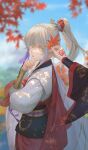  2boys archer_(fate/samurai_remnant) arm_guards autumn autumn_leaves blonde_hair blue_sky blurry chinese_clothes chinese_hairpin command_spell depth_of_field fate/samurai_remnant fate_(series) grey_hair hair_ornament hand_on_own_chin hanfu high_ponytail holding holding_leaf keclpshvli leaf maple_leaf multicolored_hair multiple_boys red_robe robe sky solo_focus streaked_hair tassel tassel_hair_ornament xiao_guan_(headdress) yellow_eyes zheng_chenggong_(fate) 