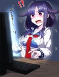  1girl ahoge breasts commentary_request computer kantai_collection large_breasts open_mouth pink_eyes purple_hair school_uniform serafuku solo surprised taigei_(kantai_collection) tenken_(gotannda) translated trembling whale 