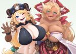  2girls almeida_(granblue_fantasy) aqua_eyes blonde_hair blue_eyes breasts brown_gloves cosplay costume_switch dark-skinned_female dark_skin draph earrings gloves gollizo granblue_fantasy hallessena hard_hat hat helmet highres horns huge_breasts jewelry long_hair low-tied_long_hair multiple_girls navel_piercing one_eye_closed piercing plaid plaid_skirt pointy_ears single_earring skirt work_gloves 