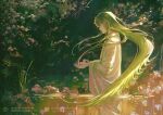  1other androgynous animal bird bird_on_hand bush cangchen enkidu_(fate) fate/grand_order fate_(series) from_side green_eyes green_hair hair_between_eyes holding holding_animal long_hair long_sleeves looking_at_animal looking_down other_focus parted_lips plant profile reflection reflective_water robe solo standing tree very_long_hair wading water white_robe wide_sleeves wing-shaped_hair 
