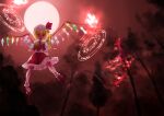  1girl absurdres ascot blonde_hair bobby_socks flandre_scarlet frilled_skirt frills from_below full_body furafuraflanchan glowing glowing_wings highres laevatein_(touhou) looking_at_viewer mary_janes moon multicolored_wings one_side_up outdoors red_eyes red_footwear red_moon red_skirt red_theme red_vest shirt shoes skirt socks solo touhou vest white_headwear white_shirt white_socks wings yellow_ascot 