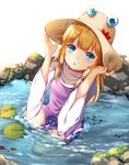  bad_id bad_pixiv_id barefoot blonde_hair blue_eyes flower hand_on_headwear hat hat_flower highres in_water lily_pad looking_at_viewer moriya_suwako open_mouth papo rock sitting solo touhou wariza water water_drop wet 