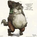 anthro aokamidu belly big_belly bottomwear canid canine canis clothed clothing english_text fur grey_body grey_fur huge_belly male male_pred mammal overweight overweight_anthro overweight_male shorts simsala_grimm slightly_chubby solo text topwear vest vore wolf
