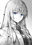  1girl blue_eyes blue_theme closed_mouth collared_shirt commentary_request greyscale highres jacket jormungand_(manga) koko_hekmatyar long_hair looking_at_viewer monochrome monogrbl necktie portrait shirt smile solo spot_color striped_necktie 