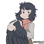  1girl animal_on_shoulder artist_name bird bird_on_shoulder black_feathers black_hair black_wings burrito commission commissioner_upload crow crowgirl eating feathered_wings feathers food food_on_face grey_eyes harpy highres holding holding_food long_hair looking_at_viewer monster_girl original red_scarf saintofspats scarf simple_background solo twitter_username white_background wings 