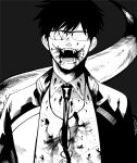  1boy ayum_k black_background blood blood_on_clothes blood_on_face blood_splatter collared_shirt facing_viewer fangs glasses greyscale highres jacket kagami_hajime long_sleeves male_focus monochrome necktie no_eyes open_mouth oshite_dame_nara_oshitemiro! shirt short_hair simple_background snake_boy snake_tail solo tail upper_body 
