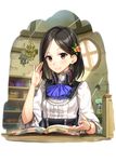  atelier_(series) atelier_escha_&amp;_logy basket black_hair blush book bookshelf braid brown_eyes efmoe flower frilled_shirt frills hair_ornament hairclip highres indoors light_rays marion_quinn neckerchief open_book round-bottom_flask shirt short_hair solo sunbeam sunlight upper_body window 