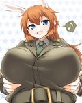  animal_ears bad_id bad_pixiv_id belt blue_eyes breast_hold breasts bunny_ears charlotte_e_yeager dakku_(ogitsune) eighth_note fingernails from_below large_breasts long_hair long_sleeves military military_uniform musical_note necktie open_mouth orange_hair smile solo speech_bubble spoken_musical_note star starry_background strike_witches uniform upper_body world_witches_series 