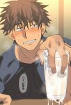  1boy blush brown_eyes brown_hair cum cum_in_container cum_in_cup cumdrip cup highres holding holding_cup looking_at_viewer male_focus original sagami_jon shirt short_hair smile solo steam_from_mouth sweat 