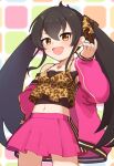  1girl animal_print black_hair black_shirt blush breasts commentary cowboy_shot eyelashes hair_between_eyes hair_ribbon hand_up heart heart_necklace highres idolmaster idolmaster_cinderella_girls jacket jewelry leopard_print long_hair long_sleeves looking_at_viewer matoba_risa montamo739 multicolored_background navel necklace open_mouth pink_jacket pink_skirt ribbon shirt sidelocks skirt small_breasts smile solo symbol-only_commentary tank_top thighs twintails yellow_eyes yellow_ribbon yellow_shirt 