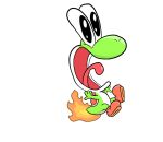 ambiguous_gender boots burning butt_on_fire clothing fire footwear green_body green_yoshi hi_res mario_bros multicolored_body nintendo pain screaming shell simple_background solo tail_on_fire tongue toondreamer two_tone_body white_body yoshi