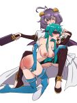  2girls ahoge anus ass bat_wings black_hair blindfold blush boots breasts cape cum cum_on_body elbow_gloves evil_smile facial_mark femdom gloves green_hair high_heels highres hiiragi_utena holding holding_paddle horns large_breasts long_hair magia_azul magia_baiser mahou_shoujo_ni_akogarete minakami_sayo multiple_girls nail_polish nipples paddle pussy pussy_peek simple_background smile spanked star-shaped_pupils star_(symbol) symbol-shaped_pupils tongue tongue_out torn_clothes user_wwaz5472 white_background wings yellow_eyes yuri 