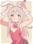  1girl ahoge animal_ears armpits arms_up bare_arms bare_shoulders black_pantyhose blush bow bowtie brown_eyes colored_inner_hair commentary detached_collar fake_animal_ears fake_tail flat_chest grey_hair grin hairband highres leotard long_hair looking_at_viewer multicolored_hair namari_siro onii-chan_wa_oshimai! oyama_mahiro pantyhose pink_hair playboy_bunny rabbit_ears rabbit_pose rabbit_tail red_bow red_bowtie red_leotard side-tie_leotard simple_background smile solo strapless strapless_leotard tail two-tone_hair upper_body white_hairband wrist_cuffs 