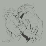 1:1 2022 absurd_res anthro arm_tuft armor biped blush charr chest_tuft claws clothing duo elbow_tuft embrace eyes_closed fangs felid finger_claws gauntlets gloves guild_wars hand_on_another&#039;s_back hand_on_another&#039;s_chest handwear hi_res horn kissing kugo_(hakawne) male male/male mammal no_swift rytlock_brimstone selective_coloring sharp_teeth teeth tuft wrist_grab