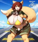 absurd_res anthro areola areola_slip belly belt belt_buckle big_breasts big_tail bikini blue_eyes blush bottomwear bra breasts brown_hair canid canine cleavage clothed clothing curvy_figure cute_fangs eyebrows eyewear female fox fur goggles goggles_around_neck gold_bikini hair hana_(keep0621) hi_res huge_breasts huge_thighs inner_ear_fluff jacket kagarimachi_ame kemono looking_at_viewer mammal multicolored_body multicolored_fur navel open_mouth panties shorts slightly_chubby slightly_chubby_anthro slightly_chubby_female solo standing string_bikini swimwear tail thick_eyebrows thick_thighs topwear tuft underwear white_body wide_hips yellow_body