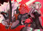  1girl 5girls absurdres armored_bodysuit black_bodysuit bodysuit breasts closed_mouth commentary_request goddess_of_victory:_nikke grey_bodysuit grey_hair halo headgear highres holding holding_sword holding_weapon inugressive large_breasts long_hair mass-produced_nikke multiple_girls official_alternate_costume petals red_eyes red_theme rose_(nikke) scarlet_(black_shadow)_(nikke) scarlet_(nikke) see-through smile sword very_long_hair weapon 