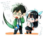  1boy 1girl ayum_k black_hair black_pants black_skirt black_socks blue_bow blue_eyes book bow chibi collared_shirt covering_own_mouth fang full_body glasses green_hair green_jacket green_necktie hair_bow hand_over_own_mouth hand_up holding holding_book jacket kneehighs long_hair long_sleeves looking_at_another necktie no_sclera open_clothes open_jacket open_mouth oshite_dame_nara_oshitemiro! pants pleated_skirt shirt simple_background skirt snake_boy snake_tail socks standing sweatdrop tail teacher_and_student translation_request white_background white_shirt 