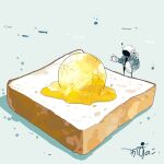  1other absurdres alarm_clock astronaut bread bread_slice carrying carrying_under_arm clock egg_yolk fish food helmet highres holding holding_pillow kazunoko_(kazunoko_zunoco) mini_person original pillow planet radio_antenna simple_background softboiled_egg solo space_helmet standing 