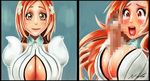  1girl bleach bleach:_the_thousand-year_blood_war breasts cleavage cleavage_cutout clothed_sex huge_breasts inoue_orihime nixuboy orange_hair paizuri sexually_suggestive tears 