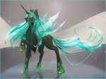  changeling crown female friendship_is_magic green_eyes hair half-closed_eyes hi_res horn koveliana long_hair my_little_pony queen_chrysalis_(mlp) smile solo wings 