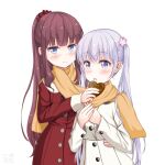  2girls absurdres blue_eyes blunt_bangs blush brown_hair coat commentary_request feeding grey_hair hair_ornament hair_scrunchie hand_on_another&#039;s_hip happy_valentine heart high_ponytail highres long_hair multiple_girls new_game! open_mouth orange_scarf ponytail purple_eyes purple_hair red_coat red_scrunchie sainohikari scarf scrunchie shared_clothes shared_scarf simple_background smile standing suzukaze_aoba takimoto_hifumi twintails valentine very_long_hair white_background white_coat winter_clothes winter_coat yellow_scarf yuri 