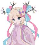  1girl blonde_hair blue_bow blue_eyes blue_hair blunt_bangs bow branch chouzetsusaikawa_tenshi-chan commentary_request eyeshadow gekkou_chou hair_bow hair_ornament hair_rings hands_up japanese_clothes kabe_(zp66104) kimono long_hair long_sleeves makeup multicolored_hair multiple_hair_bows needy_girl_overdose official_alternate_costume official_alternate_hairstyle pink_bow pink_eyeshadow pink_hair pink_kimono purple_bow quad_tails simple_background sleeves_past_fingers sleeves_past_wrists solo upper_body white_background wide_sleeves 