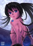  back bikini_top black_hair black_rock_shooter black_rock_shooter_(character) blue_eyes crying crying_with_eyes_open flat_chest from_behind full_moon highres lips long_hair looking_back moon nose ryu_shou scar sky solo star star_(sky) starry_sky stitches strap_gap tattoo tears twintails undressing uneven_twintails 