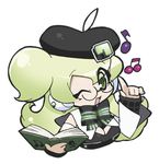  apple_inc. beamed_eighth_notes beret book chibi eighth_note glasses green_eyes green_hair hat headset long_hair lowres macintosh macloid macne_nana musical_note one_eye_closed simple_background solo white_background 