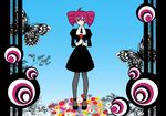  ahoge black_dress bug butterfly daisy dress drill_hair flower formal insect kasane_teto necktie pantyhose red_eyes red_hair saihate_(vocaloid) solo twin_drills twintails utau vocaloid 