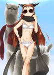  alpaca bikini bow bracelet brown_hair hair_bow hand_on_hip idolmaster idolmaster_(classic) jewelry llama long_hair looking_at_viewer minase_iori nail_polish navel pink_nails scarf solo sunglasses swimsuit ttomm 